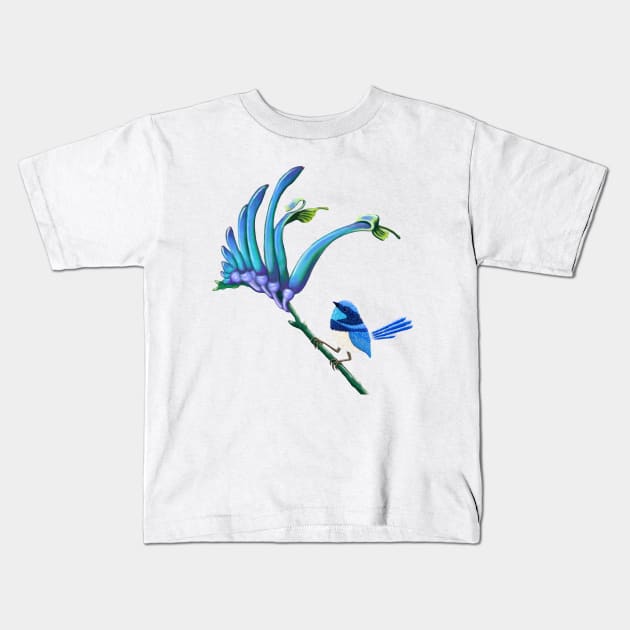 Blue Kangaroo Paw with Splendid Blue Wren Kids T-Shirt by SoozieWray